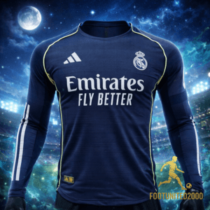 Maillot de foot Real Madrid manches longues bleu nuit — Étoiles au-dessus du stade Maillot de foot Real Madrid manches longues bleu nuit — Étoiles au-dessus du stade | Football Jersey Real Madrid Long Sleeve Blue Nuit — Étoiles Au-Dessus Du Stade
